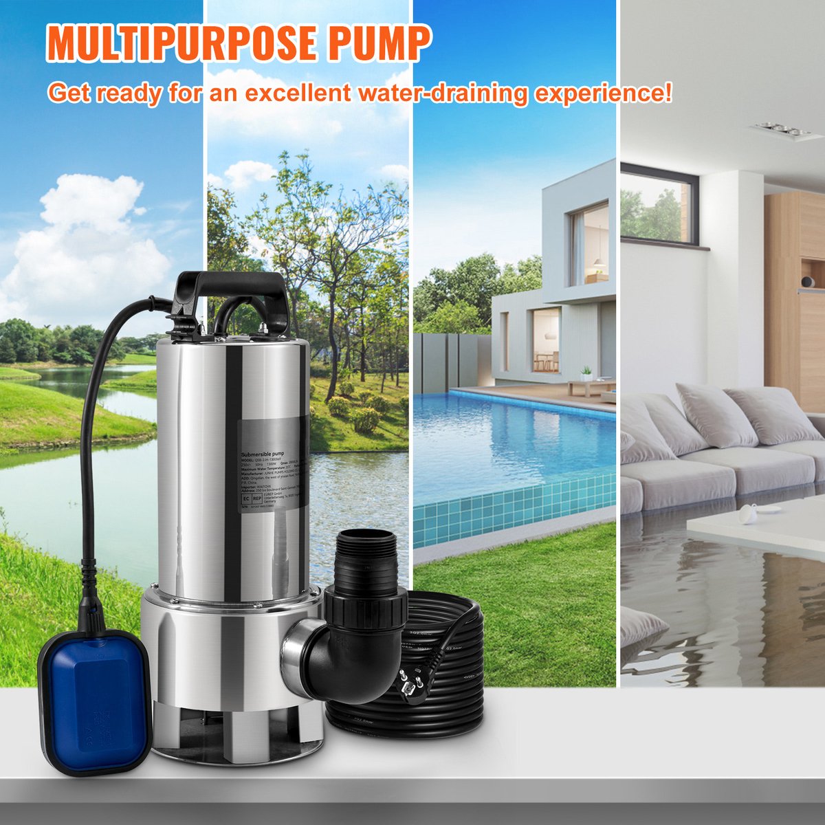 Dompelpomp - Waterpomp - Pomp - Vuilwaterpomp - 1300W - RVS - 20000L/H - met 10 Meter Snoer - voor Kelder, Zwembad en Vijver – foto 5