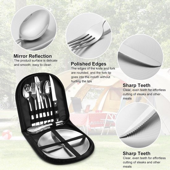 Campingbestekset - 10 Stuks - Draagbaar - Roestvrij Staal - Geschikt Voor Kamperen - Picknicken - Reizen - Geschikt Voor 2 Personen - 24*24*5CM — afbeelding 3