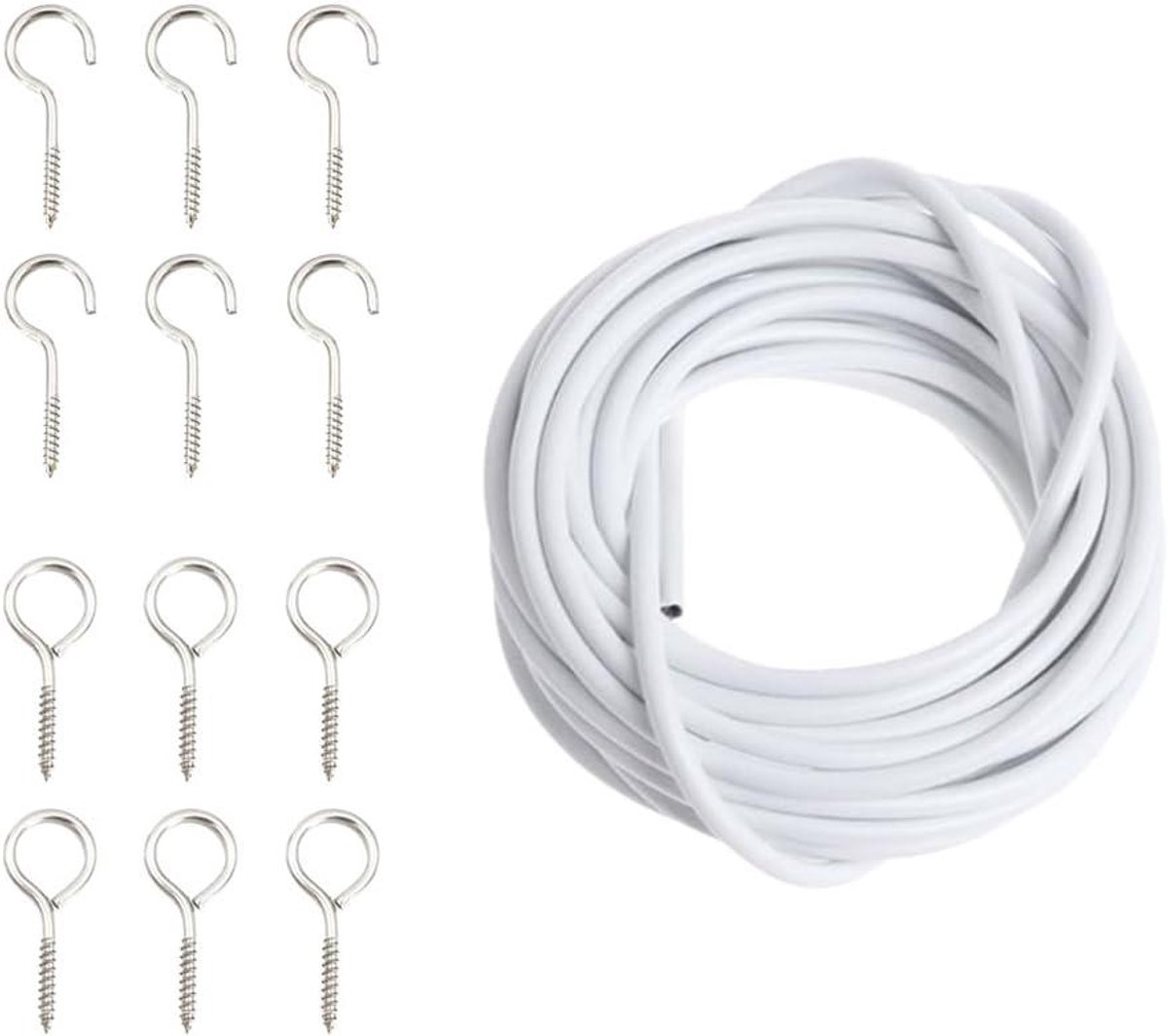 Allecto Plus - Witte gordijnkabel 5 meter | Touwen voor gordijnen | Ophangtouw met haken en ogen | Gordijnen accessoires | Gordijnroede oplossing