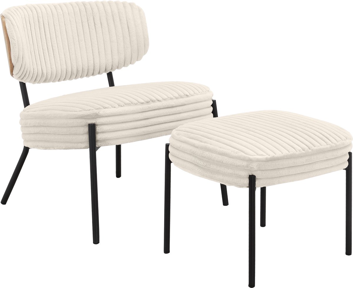 Notio Living Jerry-Loungestoel & Kruk - Crème Stof Wit