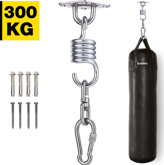 Foto: Zoluko rvs ophangsysteem 300 kg draagkracht 360 vrij draaibaar geluiddempende veer bokszak ophangsysteem plafondbeugel plafondhaak ophanghaak schroefhaak chroom