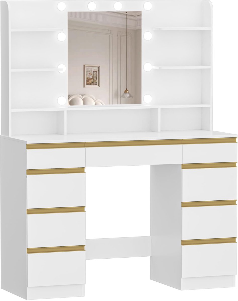 Imperatoris Make-up Tafel met Spiegel en 10 LED Verlichting – Verstelbare Helderheid, 3 Planken, 4 Open Compartimenten, Grote Lade en Kast – Modern Make-up Bureau (Wit)