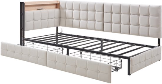 Witte slaapbank van massief hout 140x200 cm met lades, USB-aansluiting