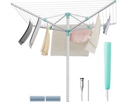 Songmics - Droogrek in hoogte verstelbaar 50 m waslijn voor 5 wasmachineladingen outdoor tuin met bodemhuls wasknijpers zilver-groen