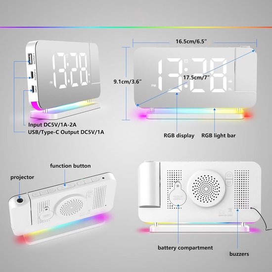 ThreeH Projectie Wekker Met USB-oplader 180 ° Rotable Projector Wekker Met Fm Radio 7 4 Spiegel Display 2 Geluiden 4 Dimmer Wit