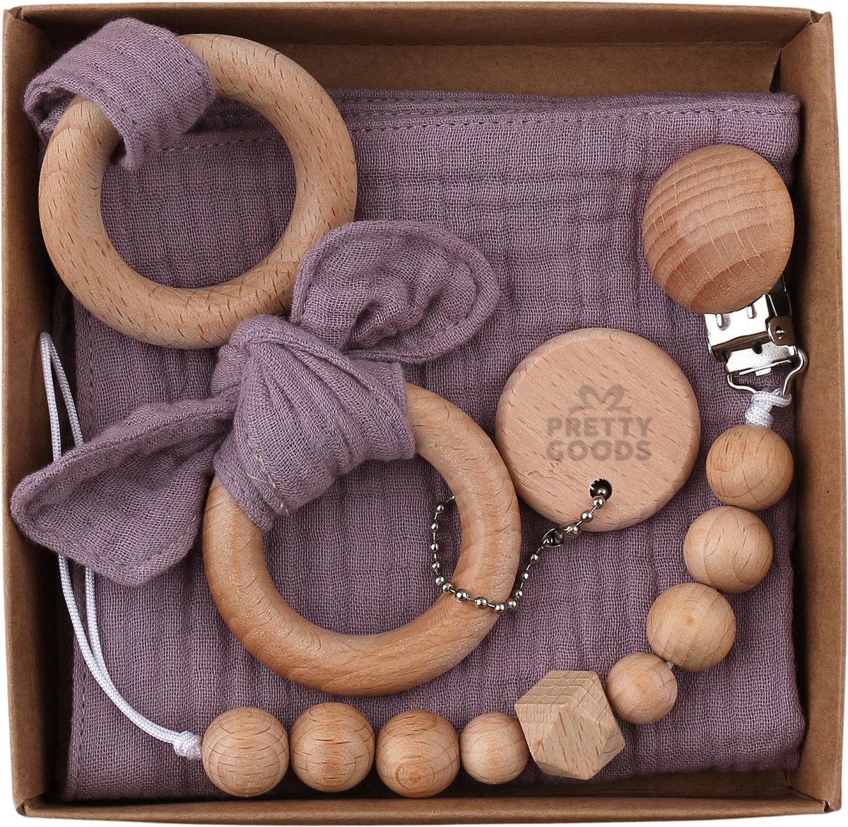 Baby Cadeau – Kraamcadeau Unisex – 3-delige Geschenkset met Bijtring, Speenkoord & Knuffeldoekje – Babyshower / Gender Reveal - Paars