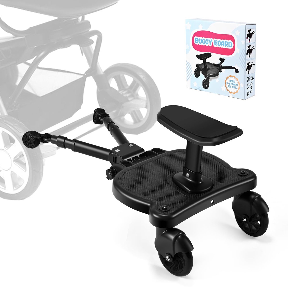 Buggy-Board voor alle Kinderwagens - Kiddy Board met Zitting