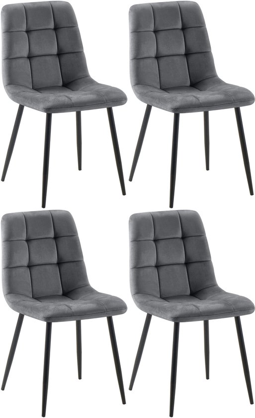 CLP Antibes Set de 4 chaises de salle à manger / Sans accoudoir - Velours - gris foncé
