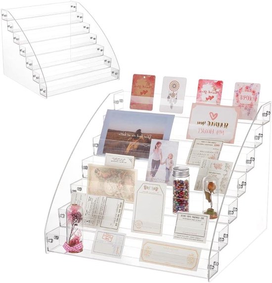 NiHome 4-Tier Bamboe & Acryl Wenskaart Display Stand - Stijlvolle Kaartenhouder Voor Thuis En Feest