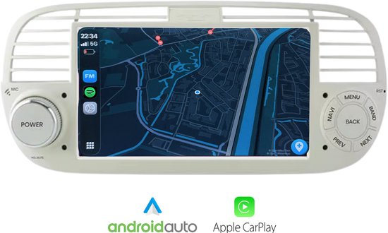 Autoradio ArFu® - Compatible avec Fiat 500 2007-2015 - Apple Carplay et Android Auto - Android 13 - Navigation HD 7 pouces - Wit - Garantie 2 ans - Écran rapide - Caméra de recul et microphone
