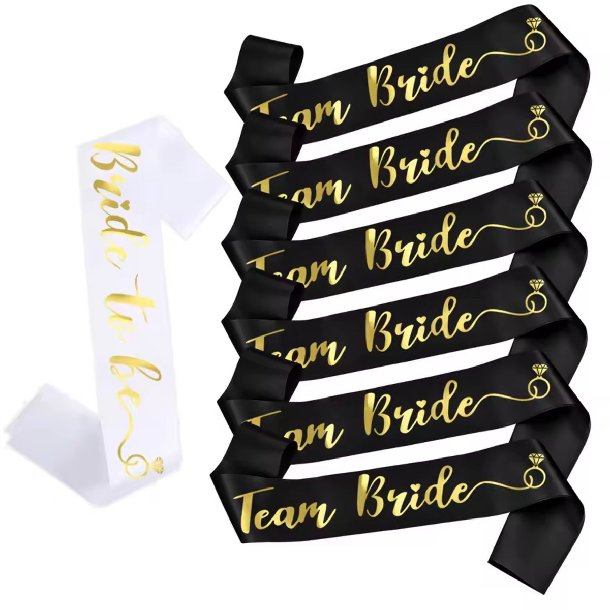 Sjerpen set voor het vrijgezellenfeest 7-delig zwart met wit en goud - vrijgezellenfeest - bruid - bride to be - team bride - trouwen - huwelijk - bruiloft - sjerp