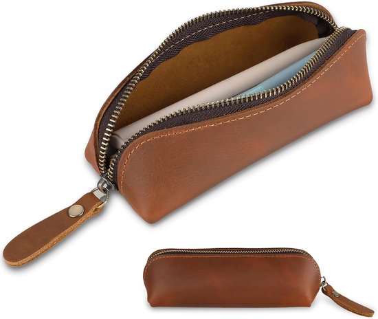 Etui - Etui van echt leer - Grote leren etui - etui jongens - etui meisjes - Grote etui met rits - Vintage etui - Geschikt voor mannen, vrouwen, zakenmensen, kunstenaars, thuiskantoor (donkerbruin)