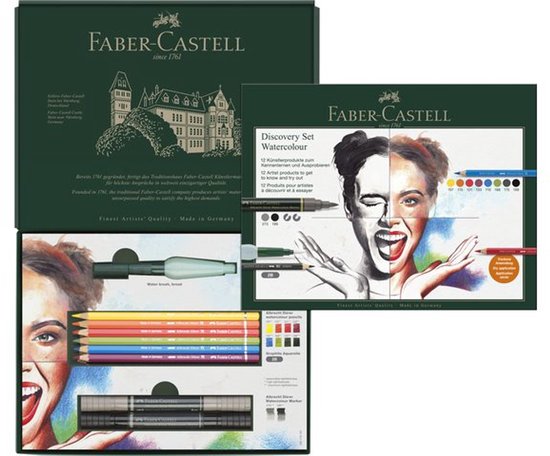 Faber-Castell Discovery Set met 12 kunstproducten om te ontdekken en uit te proberen: 8 aquarelpennen, 2 aquarelmarkers en 1 penseel.