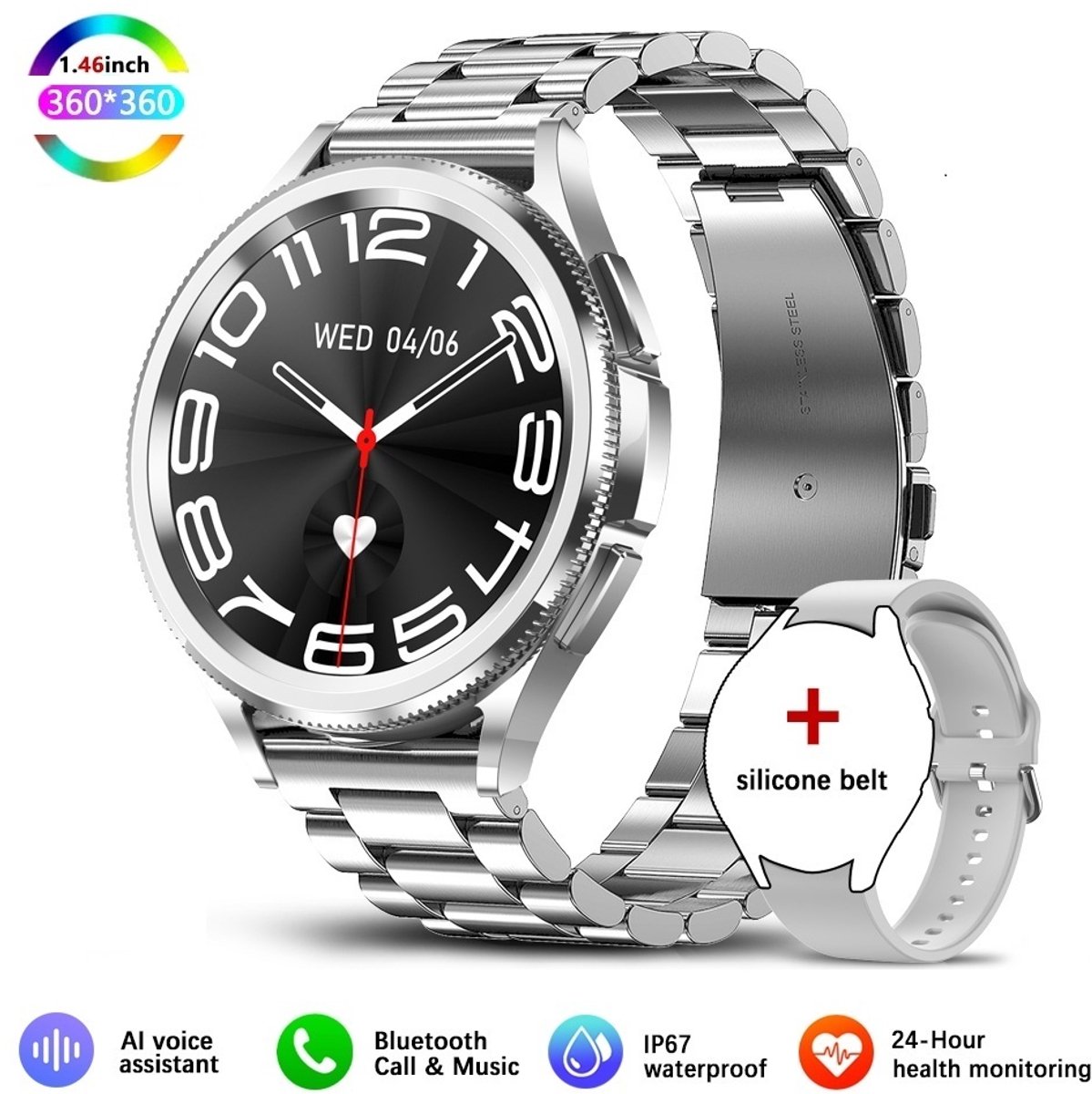 Knobbout Slimme Bluetooth Smartwatch 1.46" Scherm– Full HD Kleuren Display – Hartslag & Bloeddruk & Bloedzuurstof – Bluetooth Bellen, Muziek, AI Spraakbesturing – Vrouwen Gezondheid, Waterdicht – iOS & Android - Zilver staal+silicone horlogebandjes