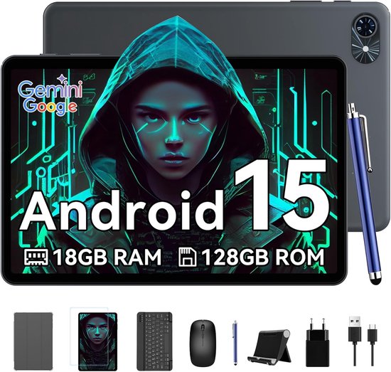 TABWEE Tablet T80 - 18GB RAM - 128GB ROM - 6000mAh - 5G WiFi - Met Toetsenbord(QWERTY) - Muis - Pen - Hoes - Android 16 - Bluetooth 5.0 - Grijs