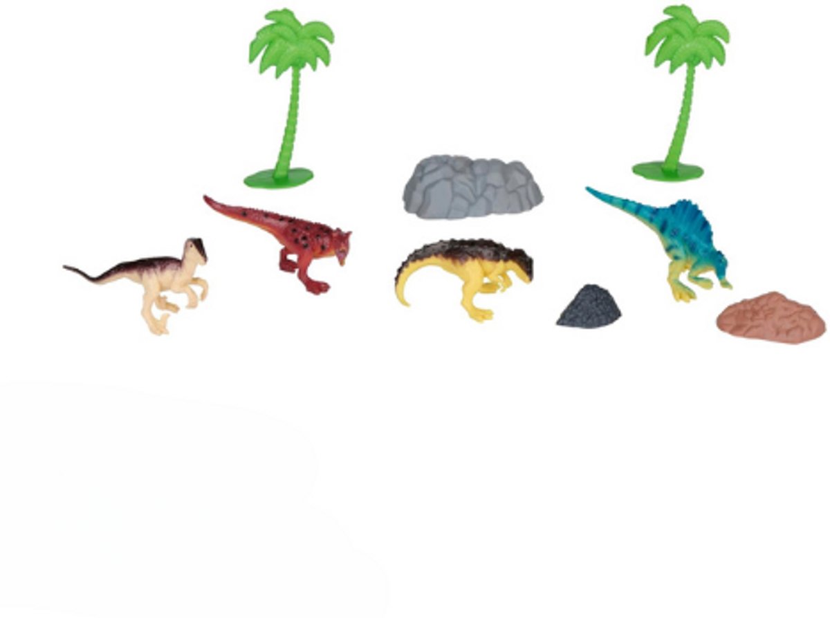 Eddy Toys Dino Speelset - 9 Stuks - Dino Figuren met Palmbomen en Rotselementen - Speelgoed Figuurtjes - Dieren Figuren - Dinosaurus Speelgoed 3+