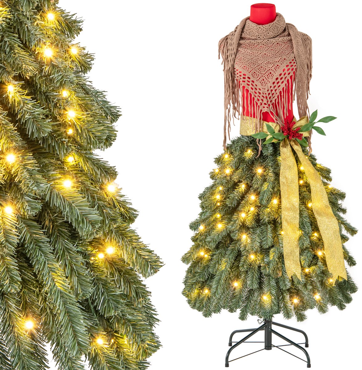 COSTWAY Kunstkerstboom in paspop-look, 150 cm dennenboom met verlichting, kerstboom met 100 warmwitte ledlampen, rode bessen en afneembare sjaal voor thuis
