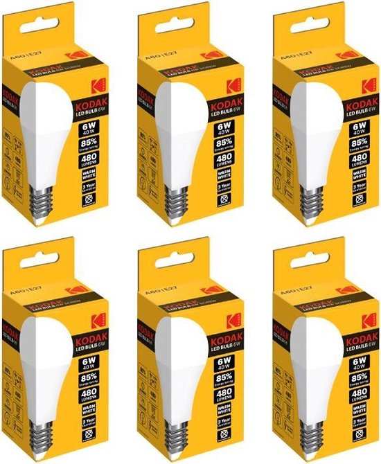6 stuks Kodak LED A60 E27 480lm Warm 6W Non Dim RC Driver