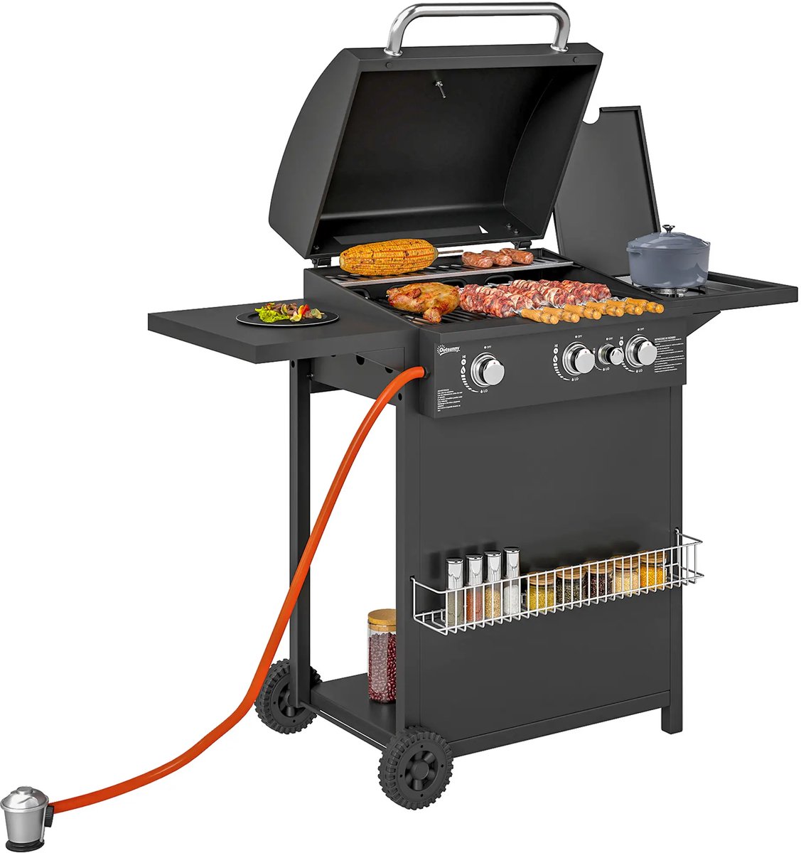 Gas barbecue 9,5 KW Grillwagen met 4 Branders, Zijbrander