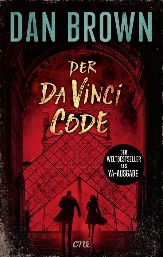 Boekomslag van 'Der Da Vinci Code' met de tekst 'DAN BROWN DER DA VINCI CODE'. Twee figuren lopen naar de piramide van het Louvre.