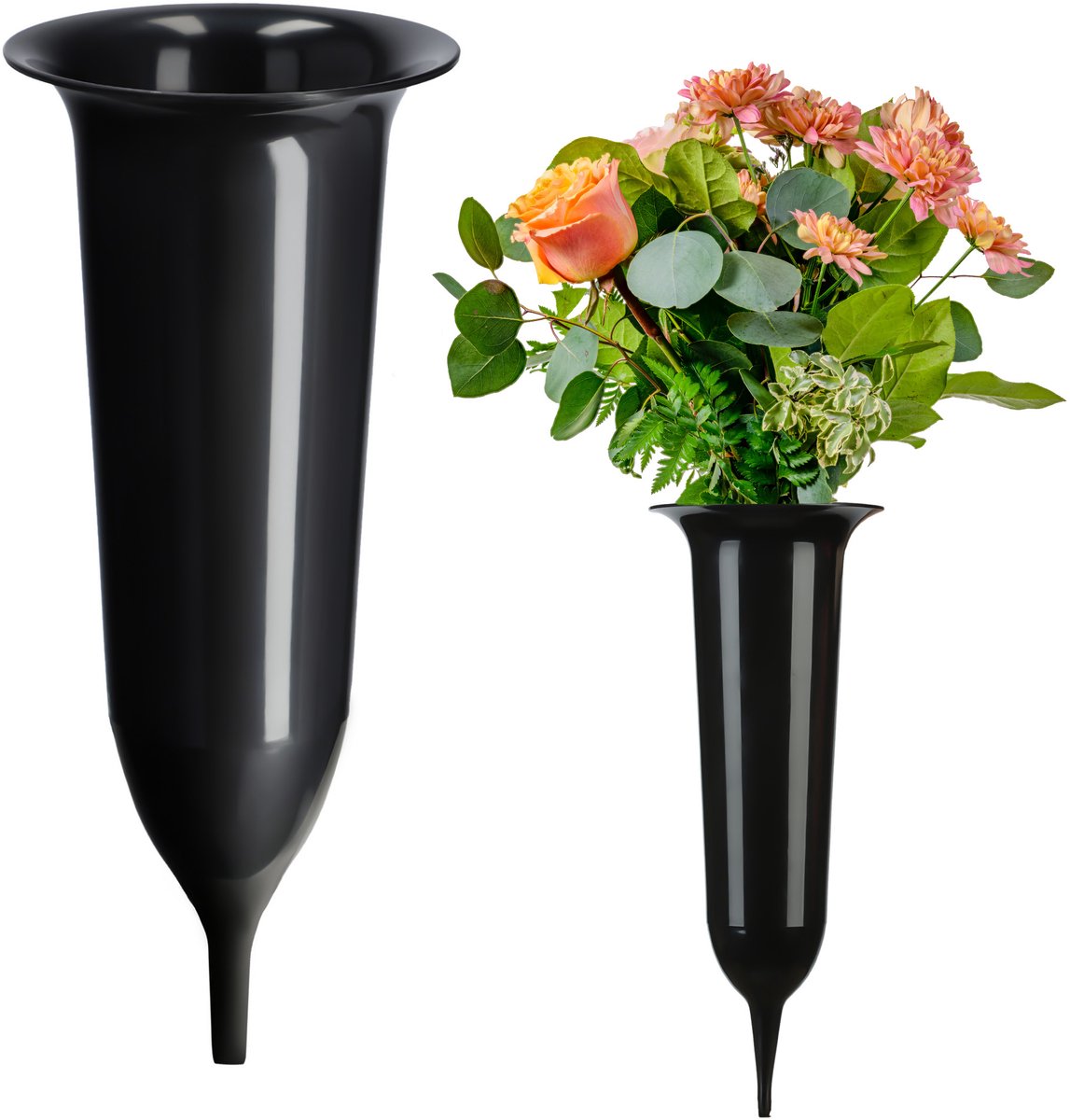 KADAX Grafvaas, vaas van kunststof, bloemenvaas, kunststof vaas voor bloemen, weerbestendige begraafplaats-vaas, vorstbestendige steekvaas voor graf, weerbestendige grafdecoratie (12 cm, met grondpen,