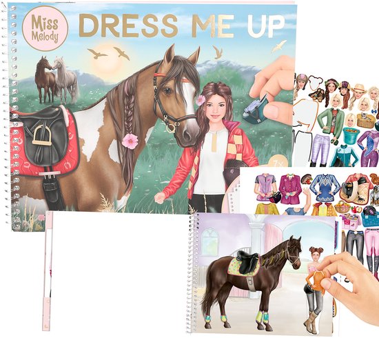 Album autocollants 'Miss Melody Dress Me Up' avec des chevaux et des filles, avec des vêtements et des accessoires à coller.