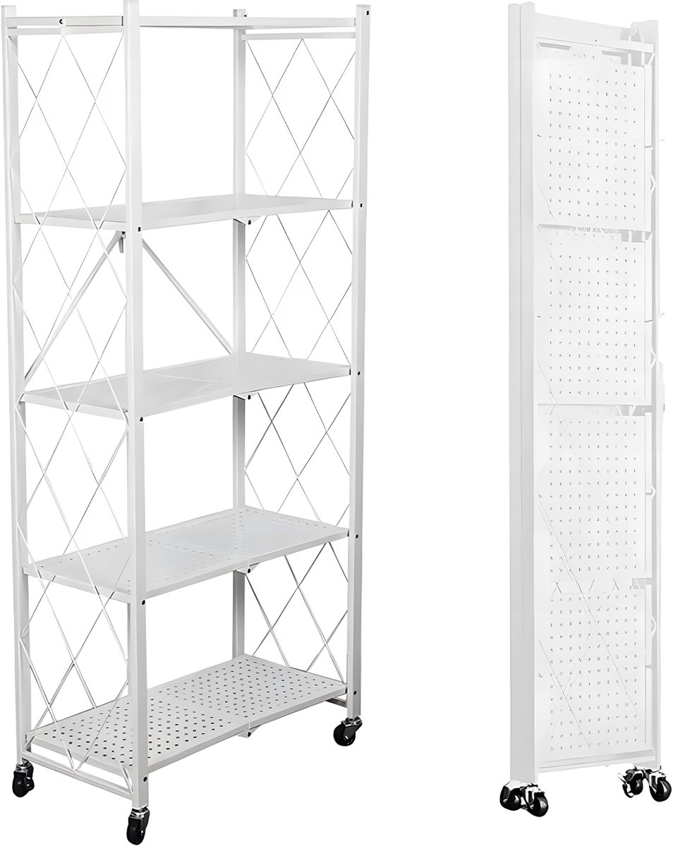 FOXSPORT Inklapbare plank kast - Stellingkast Met 360° wielen - 5 laags 72x37x163CM - Open Vakkenkast - Wandkast - Keuken Organizer - Keuken Opslag - Boekenkast - Opbergrek Magnetron - Keukenrek - Roestvrij Staal - Wit