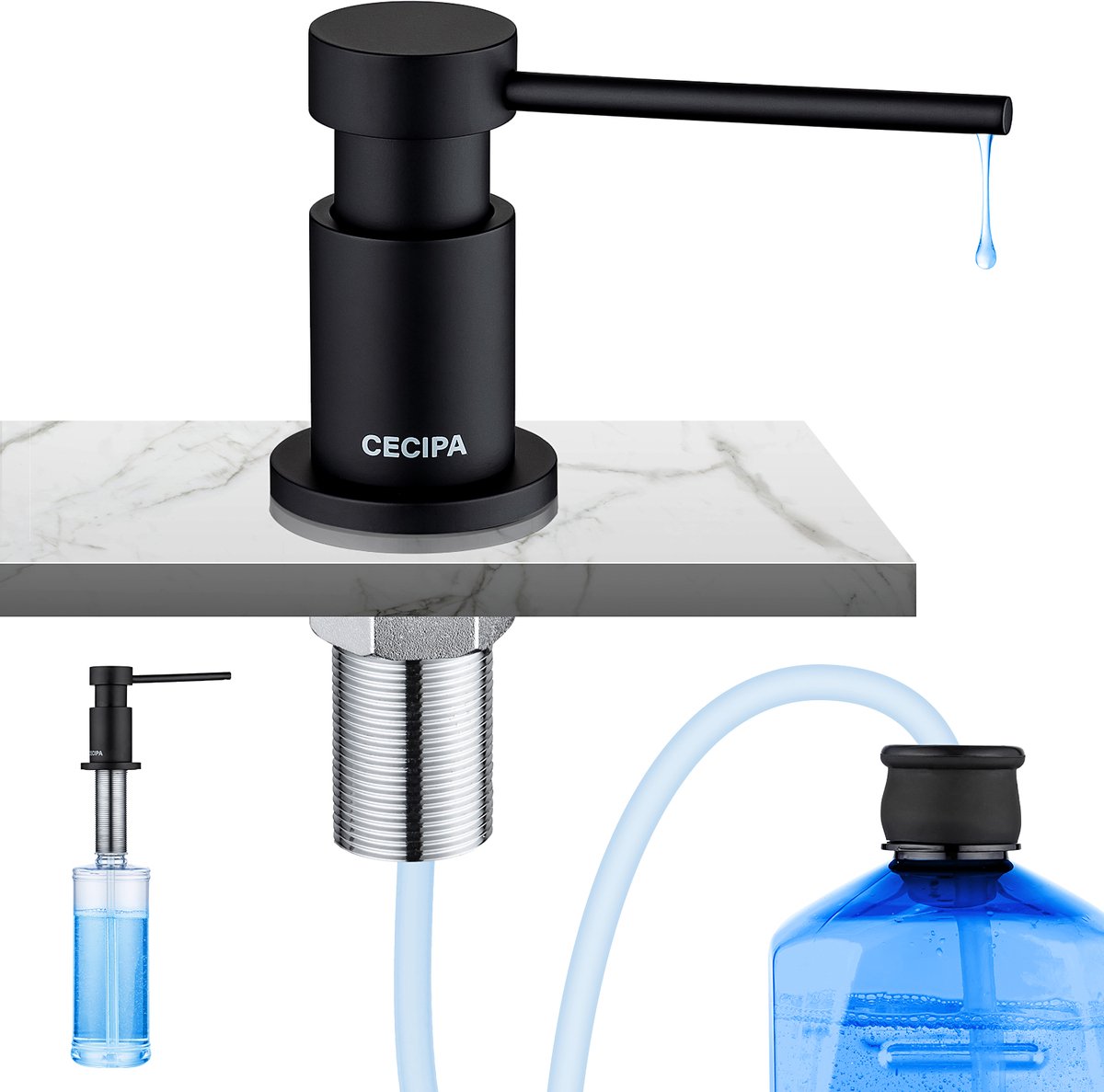 CECIPA max 300ML zeepdispenser keuken inbouw Zwart - gootsteen wasmiddel dispenser - 360 ° rotatie pompdispenser - 1,2 m verlengslang