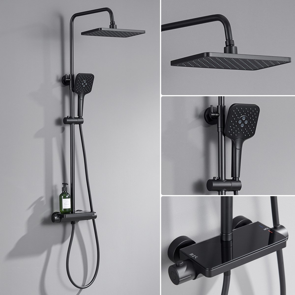 Lonheo max Regendouche met Thermostaatkraan - Douchesysteem Set - Hoofddouche en Handdouche - Douchekop met 150cm slang - 360° Draaibaar - Zwart