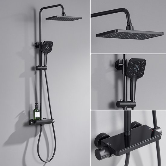 Lonheo max Douche à effet pluie avec Robinet thermostatique - Ensemble système de douche Zwart - Douche de tête et Douchette à main - Pommeau de douche avec flexible de 150 cm - Rotatif à 360° - Zwart