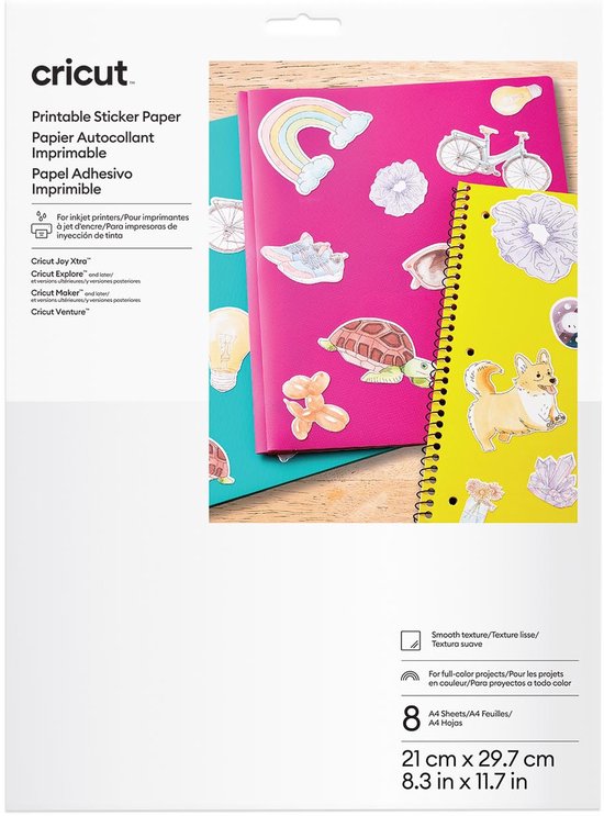 Emballage de papier adhésif imprimable Cricut, format A4, avec des exemples d'autocollants colorés.