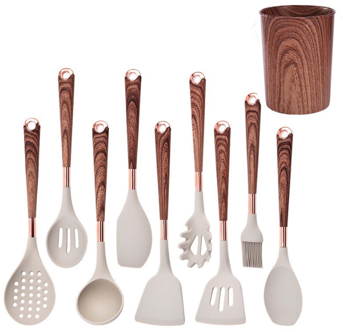 NAXSIR Silicone Keukengereedschap Set - 10 Stuks - Houten Structuur - Gecoate Grepen - Hittebestendig - Vaatwasserbestendig