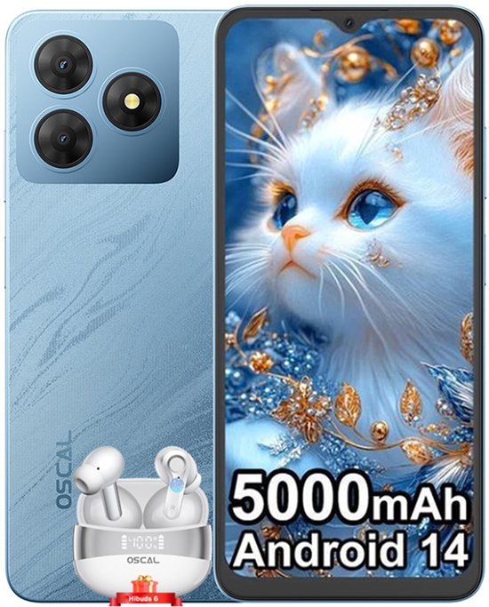 Oscal FLAT 2C Smartphone - 6GB RAM 64GB ROM - 6.56 inch - 5000mAh - Android 14GO - Dual SIM - GPS - Blauw met Bluetooth-headset Oscal Hibuds 6 Wit