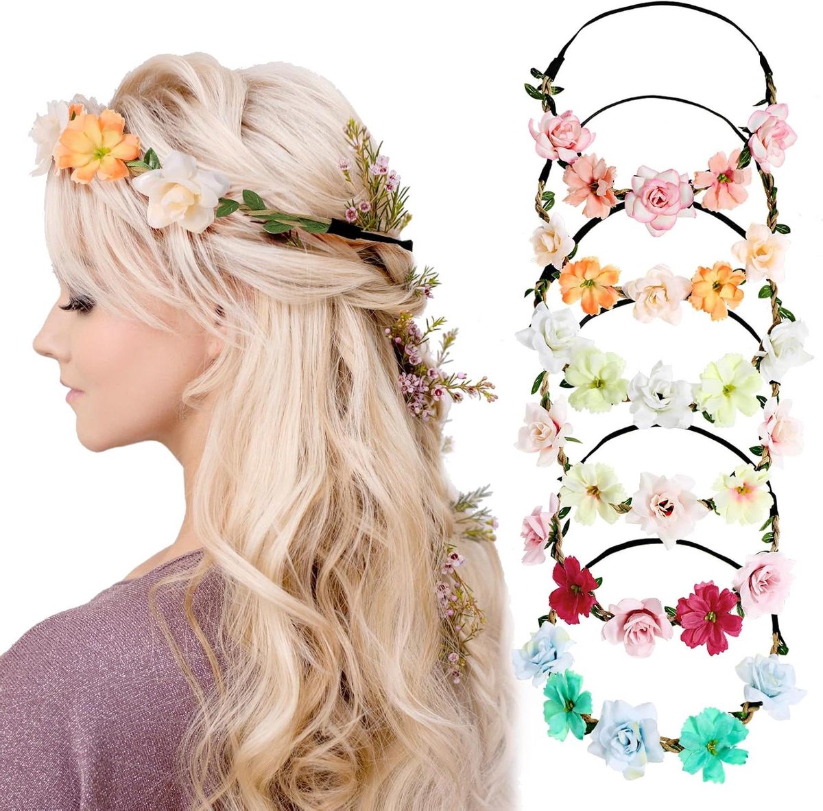 ByShane - Haaraccessoires: Set van 6 bloemenkronen voor vrouwen en meisjes, handgemaakte bloemkransen met elastisch lint voor bruiloften en feestjes.