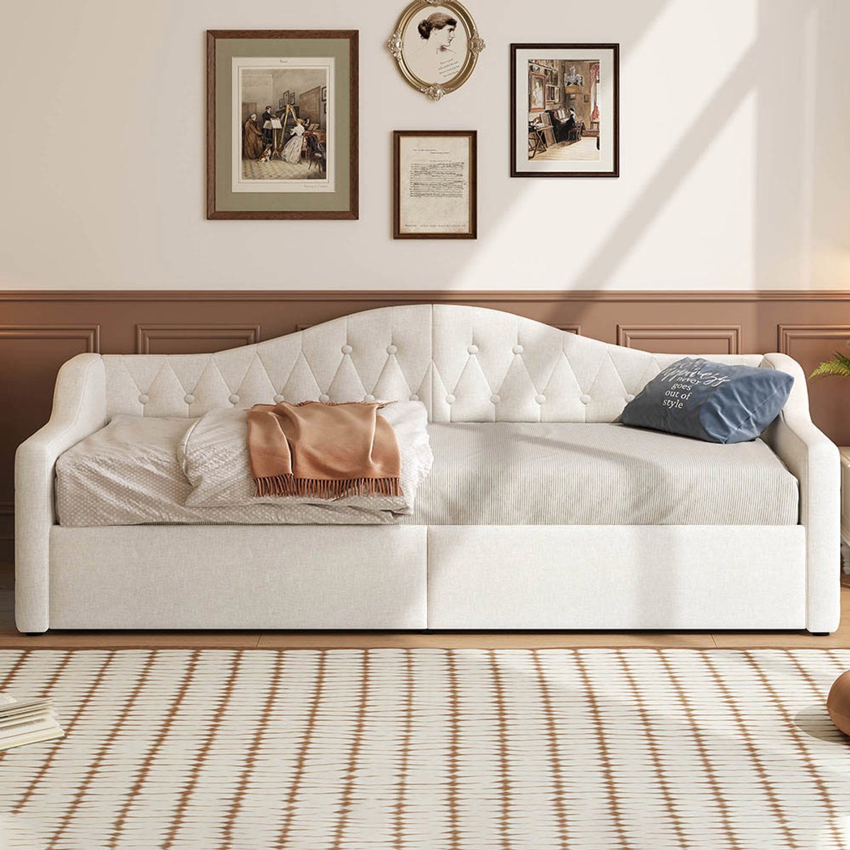 Pugsdrly Gestoffeerde rustbed 90x200 met ledstrip en opbergruimte onder, beige
