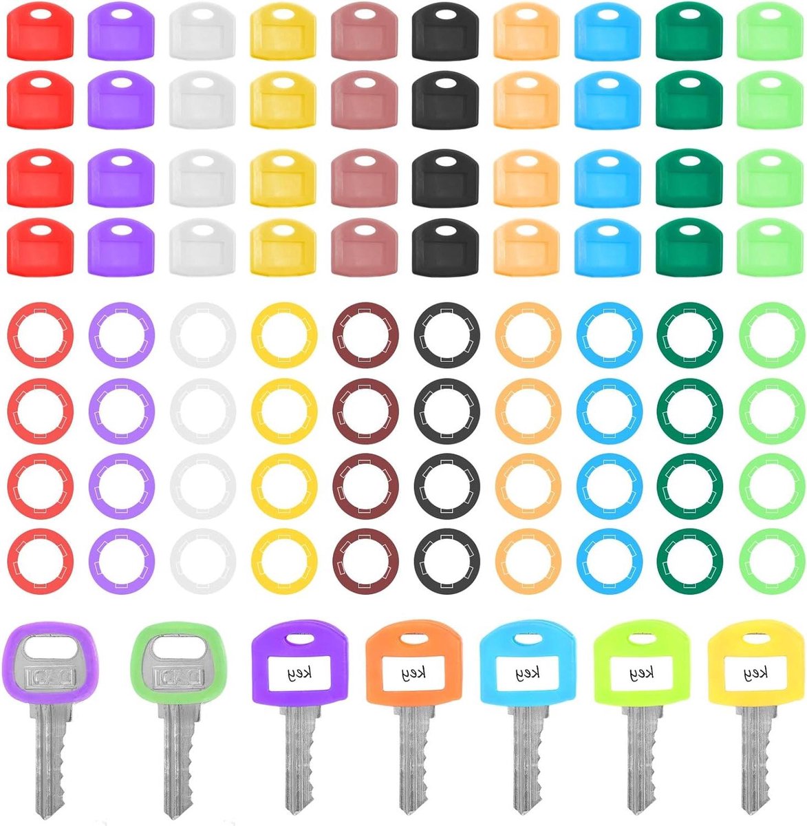 ByShane - Siliconen sleuteldoppen voor deursleutels - 80 stuks in verschillende kleuren - Flexibele caps inclusief 40 etiketten voor ronde en vierkante sleutels
