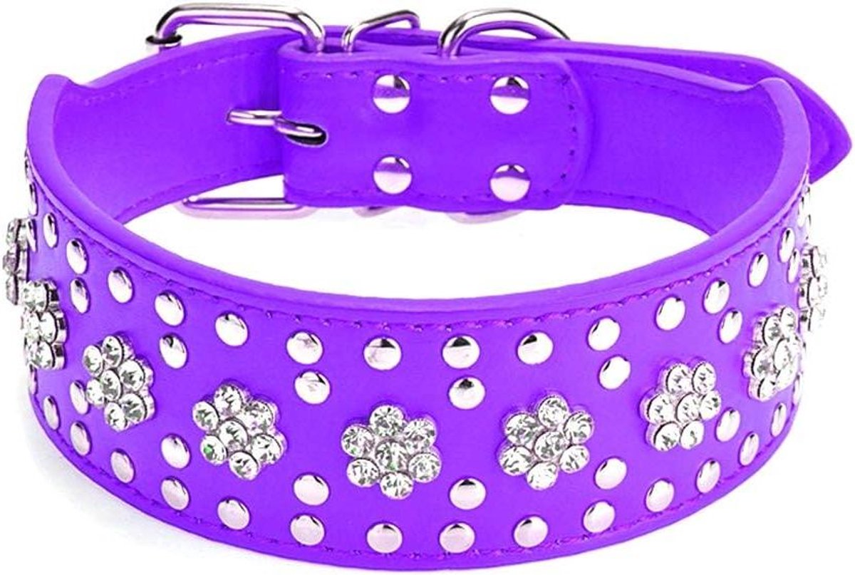 ByShane - Hondenhalsband met bloemenpatroon en strass steentjes voor middelgrote en grote honden. Luxe PU-lederen halsband met sprankelende kristallen en diamanten.