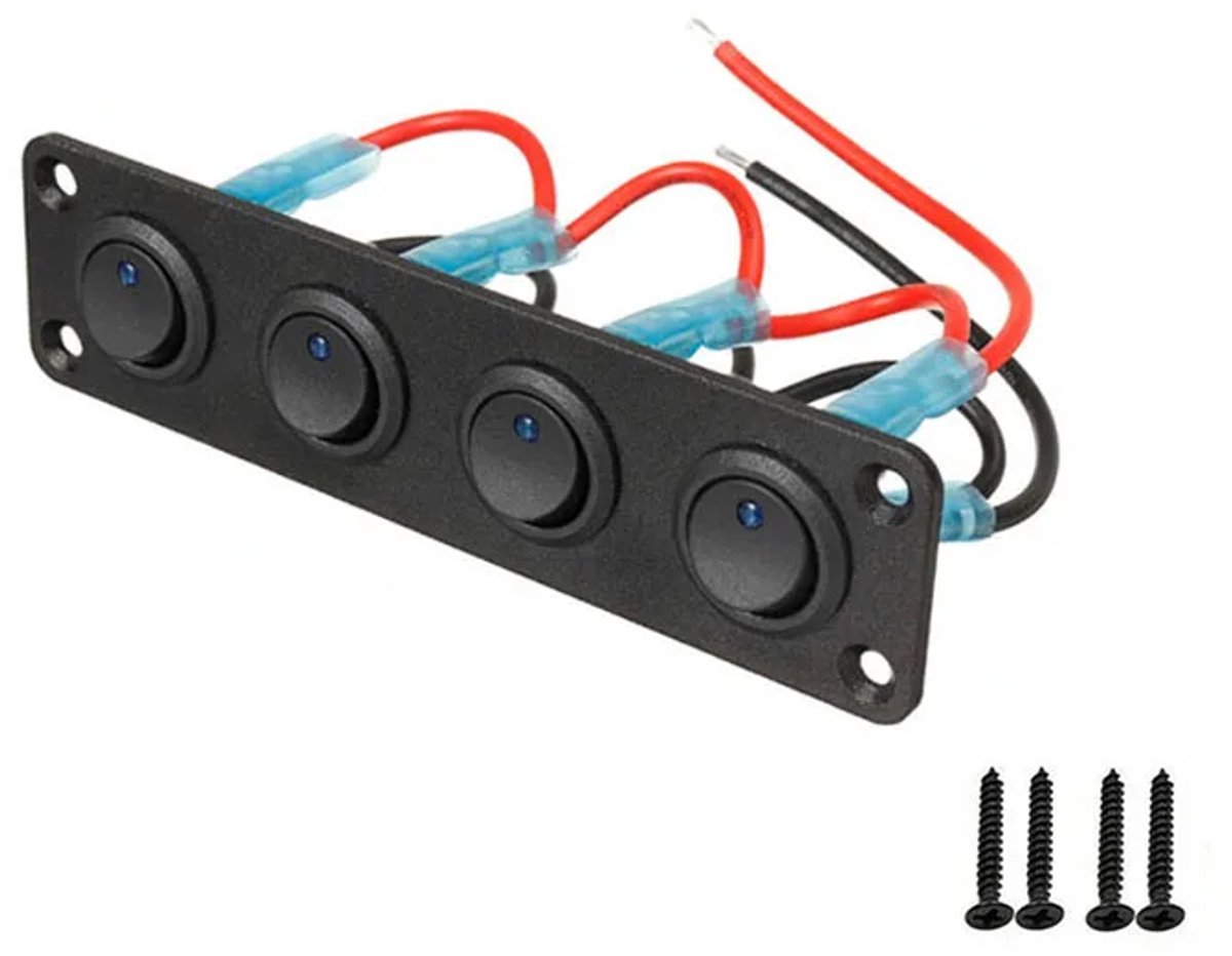 12 Volt 4-Gang Boot Schakelpaneel – Blauw LED Verlichting – Voor Sloep of Camper