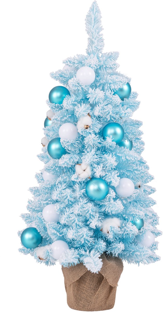 COSTWAY Mini-kunstkerstboom, 90 cm, kleine dennenboom met sneeuw en cementbasis, kerstboom met 136 takpunten, 12 wattenballen en 24 ballen, kunstboom, decoratieve boom voor thuis en op kantoor, blauw