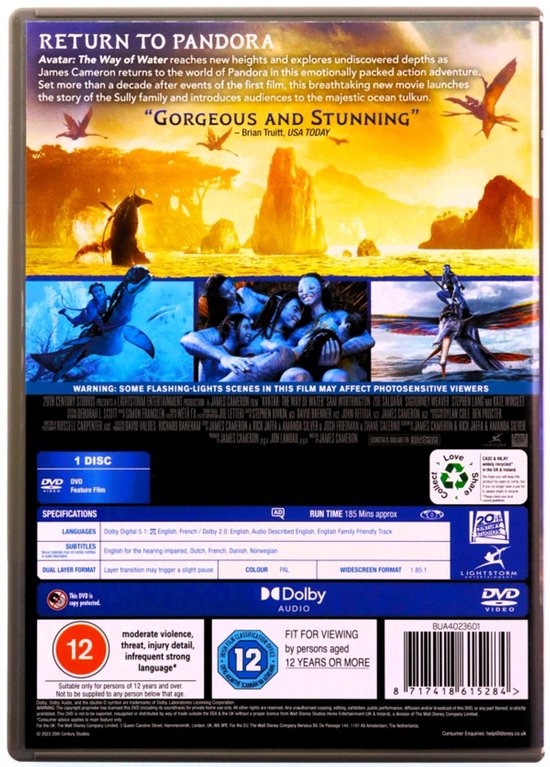 Achterkant DVD-hoes Avatar: The Way of Water met beschrijving, classificatie en techn. specificaties.
