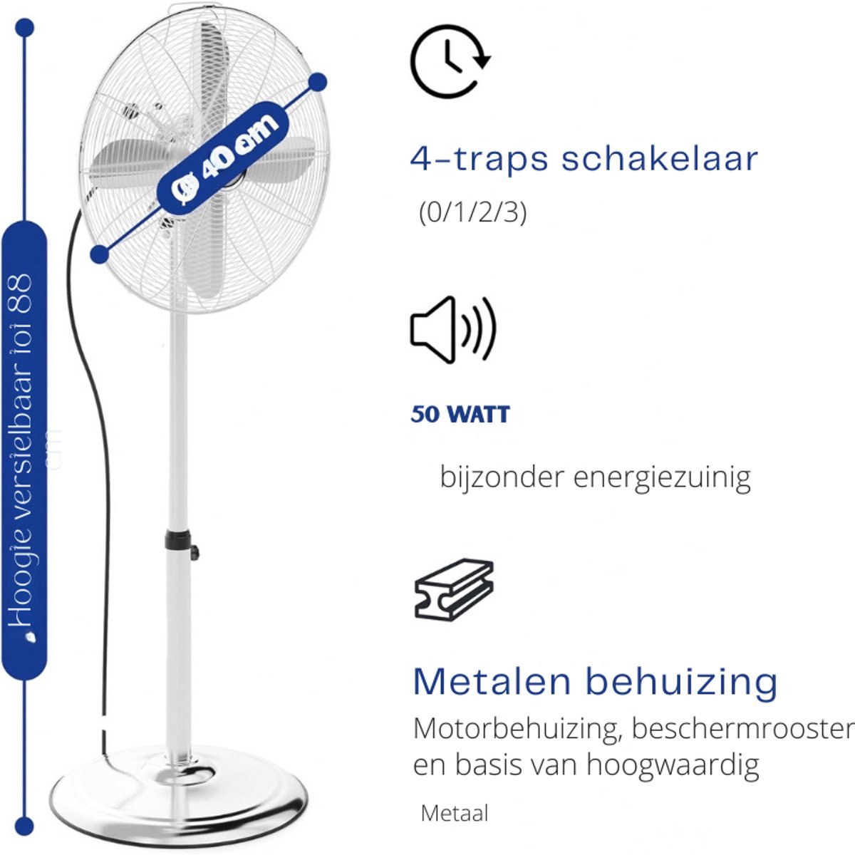Thuys – Vloerventilator 50 W - Verstelbare Hoogte - 40 Cm Diameter - 3 Snelheden - 4 Standen – Wit