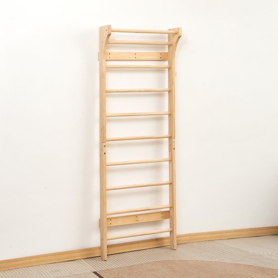 Buxibo Klimwand van Hout – Wandklimrek voor Binnen – Gym Speeltoestel voor Kinderen – 220x78x8 cm – Naturel
