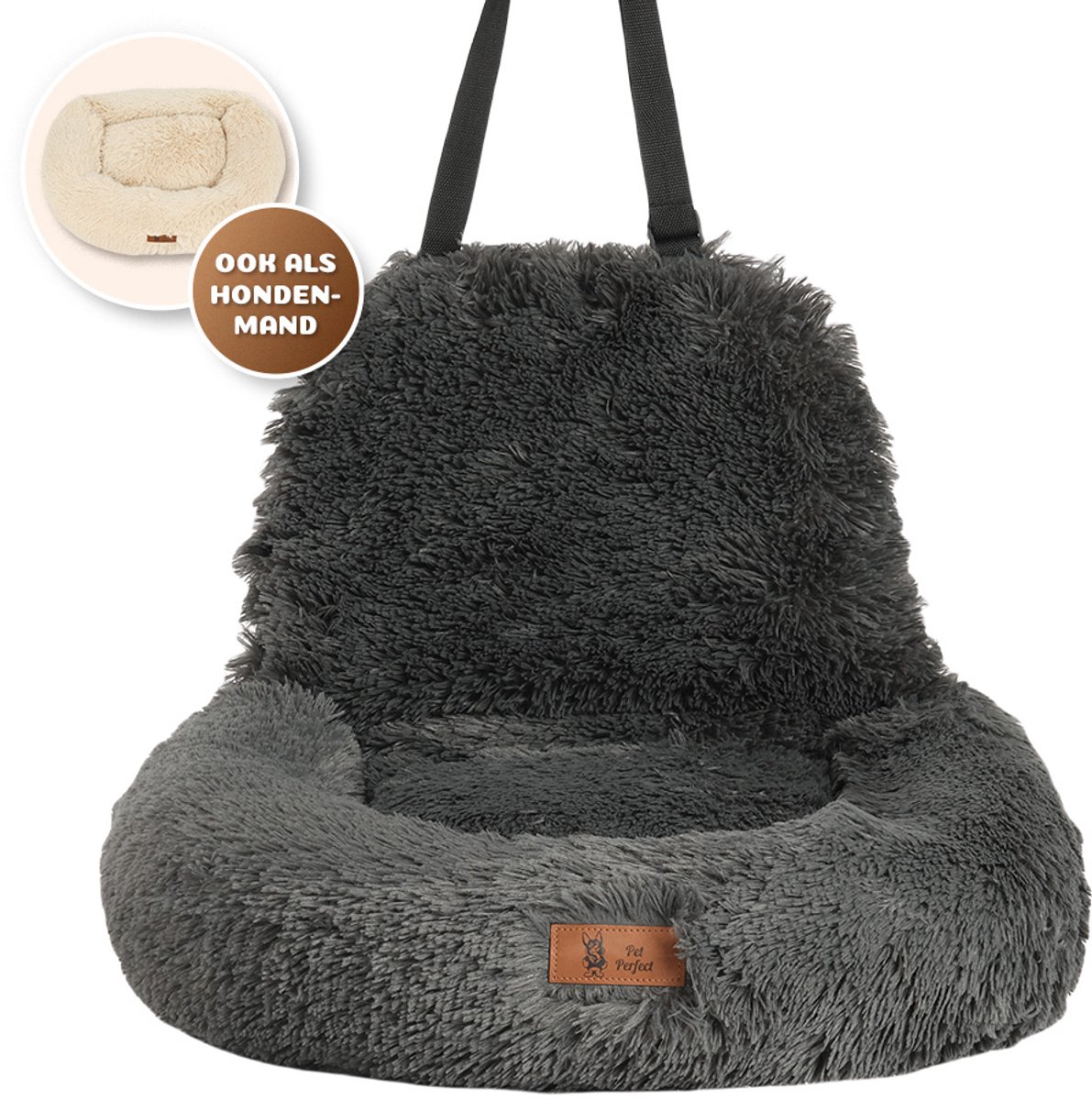 Pet Perfect Fluffy Autostoel Hond – Hondenmand Auto – Honden Autostoel - Automand Hond - Wasbaar – Grijs - 2-in-1 - Small