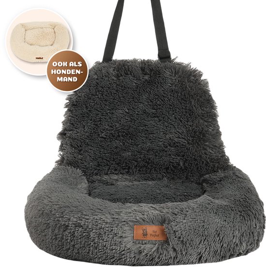 Coussin pour chien moelleux gris foncé avec un rebord surélevé. Sangles de fixation sur le dessus. Encadré avec un coussin de couleur claire.