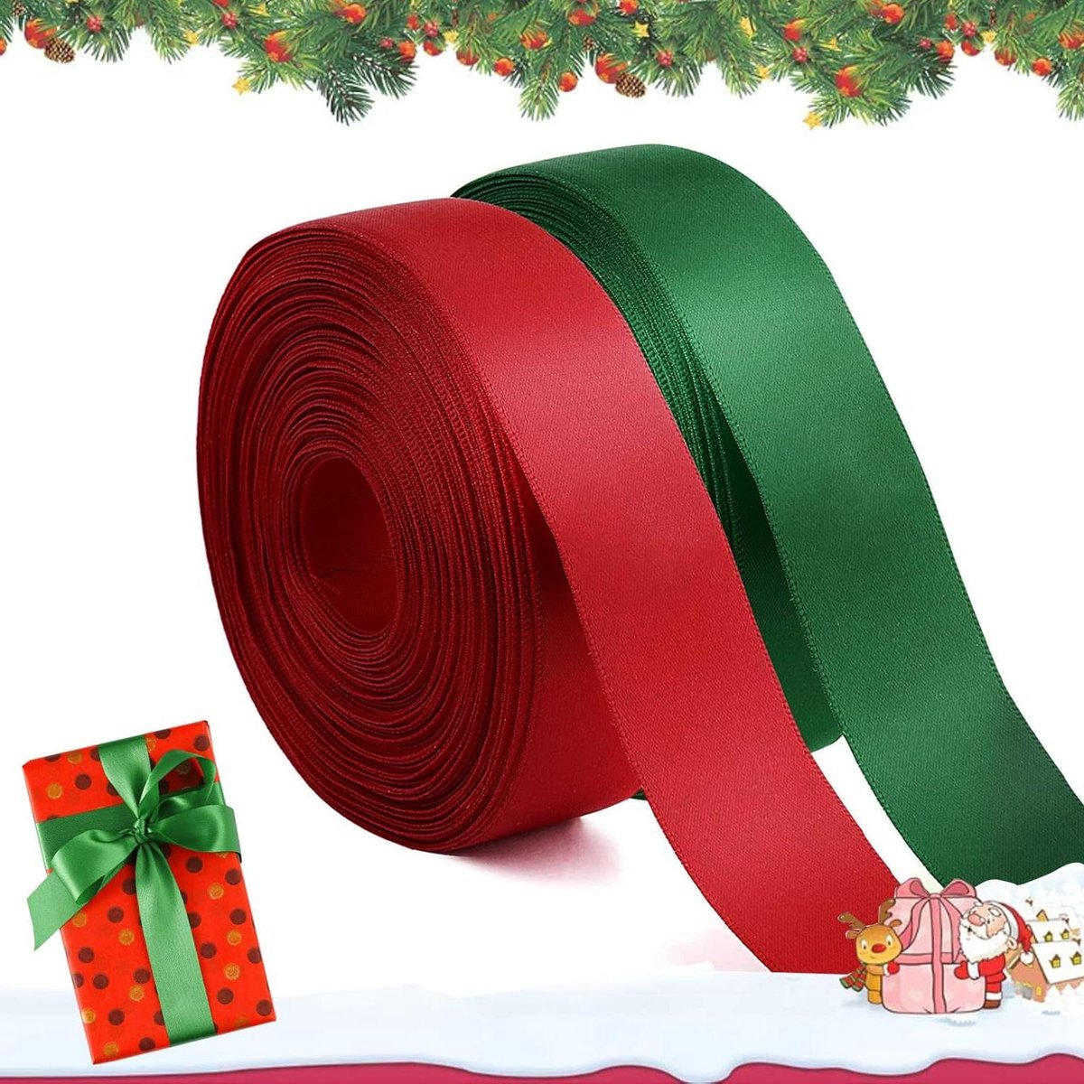 ByShane - Satijnen lint 25mm x 22m - Groen Rood - Kerst - Cadeaulint - Knutselen - Geschenkverpakking - 2 rollen