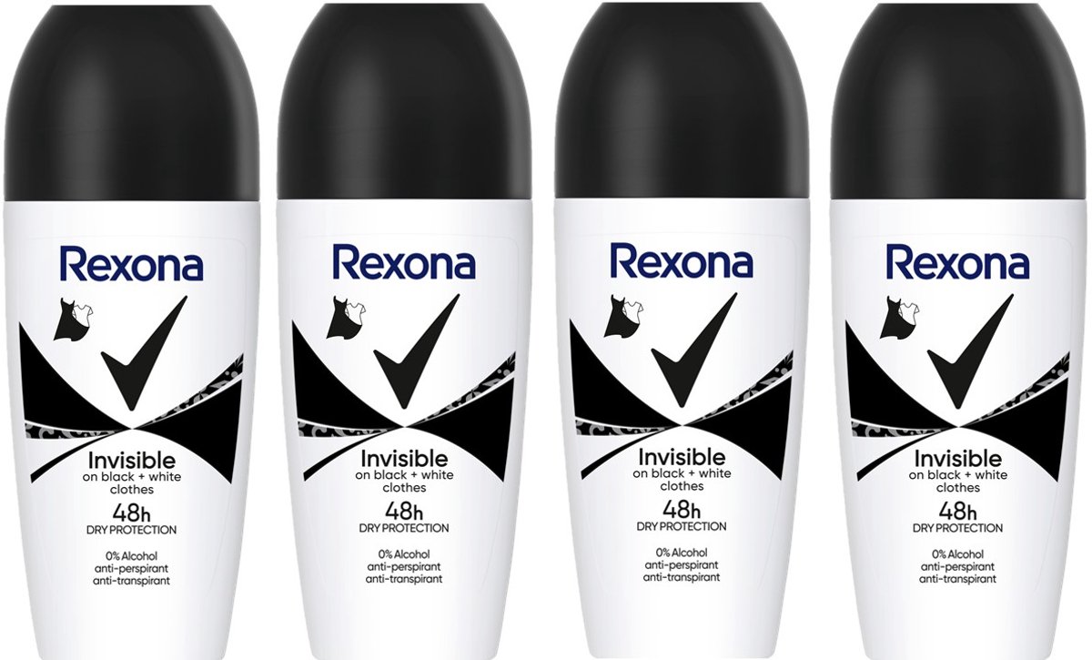 Rexona Deo Roller– Invisible Black & White - Voordeelverpakking 4 x 50 ml
