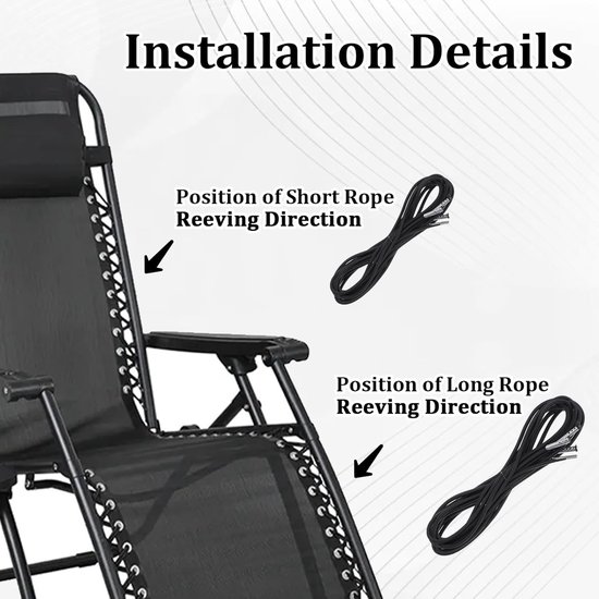 4 stuks - vervangende snoeren - 1.4m en 2.2 m - vervangend touw voor loungestoel - vervangend touw voor de stoel - vervangende elastische snoeren - accessoires voor relaxfauteuils - voor ligstoelen en tuinstoelen - zwart — afbeelding 3