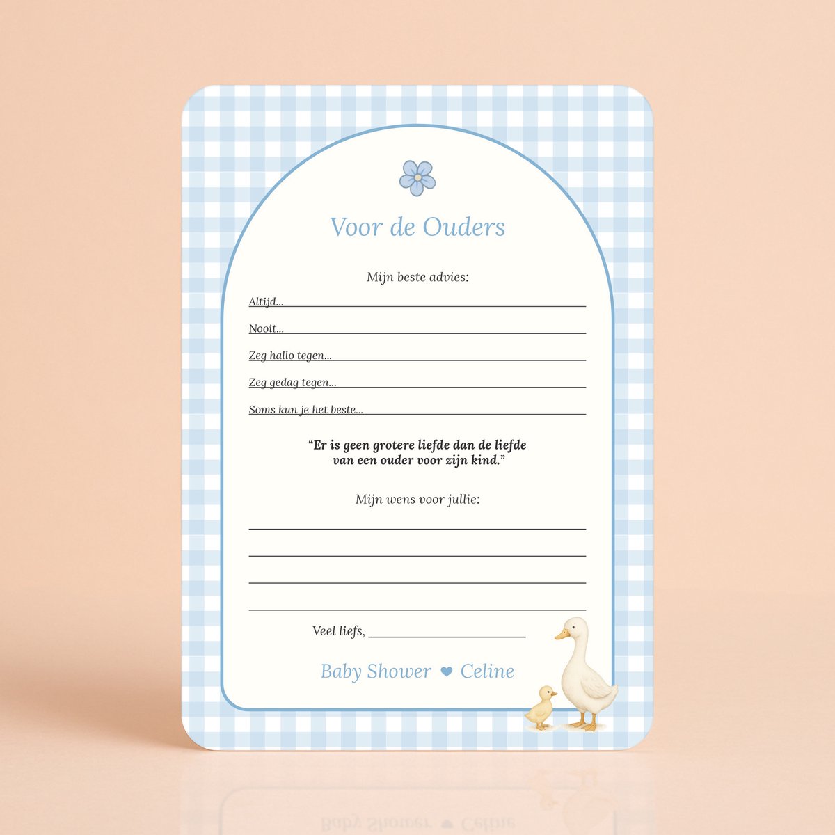 Gepersonaliseerde Babyshower invulkaarten - Voor de Ouders - Gingham Blauw met Gansje - 20 Stuks - Babyshower Cadeau
