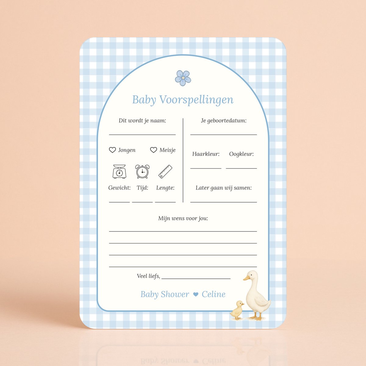 Gepersonaliseerde Babyshower invulkaarten - Baby Voorspellingen - Gingham Blauw met Gansje - 20 Stuks - Babyshower Cadeau