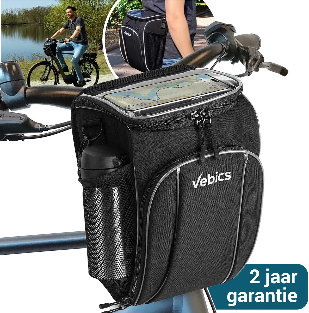 Vebics® Stuurtas Fiets Afneembaar - 100% Waterbestendig - Fietstas stuur electrische fiets - Schoudertas - Telefoonhouder fiets - Inclusief schouderband & E-book